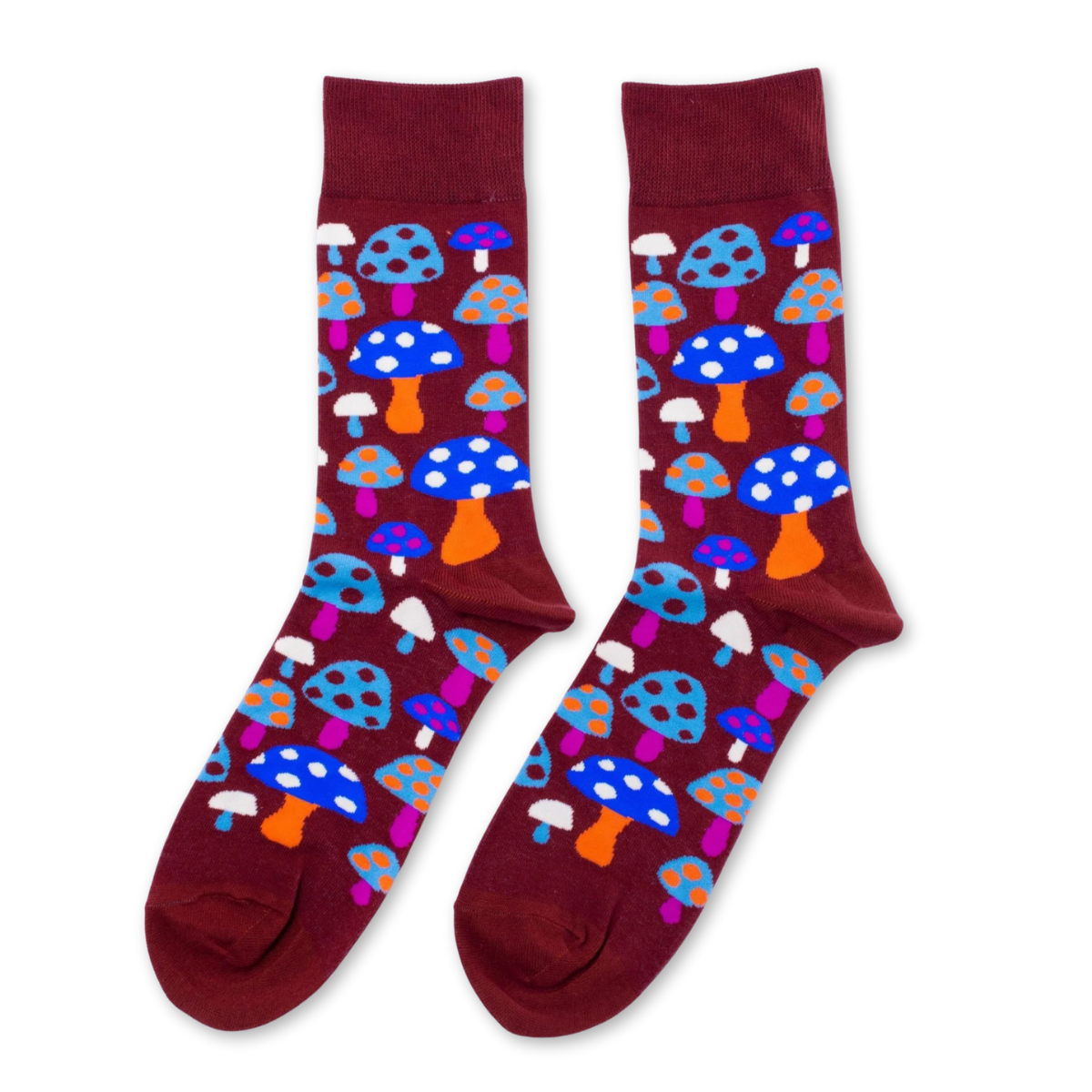 Burgundy crew socks featuring colorful illustrated mushrooms in blue orange and white by Yellow Owl Workshop