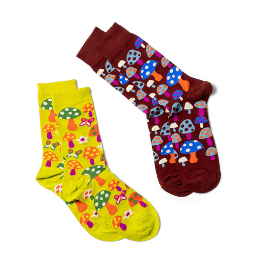 Mushroom crew socks small and large sizes laid out side by side by Yellow Owl Workshop