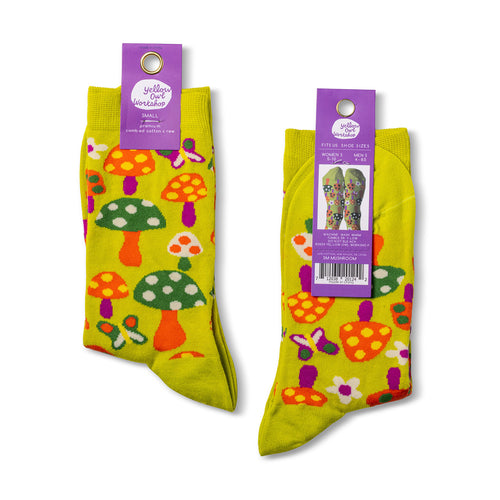 Mushroom crew socks small size packaging front and back by Yellow Owl Workshop