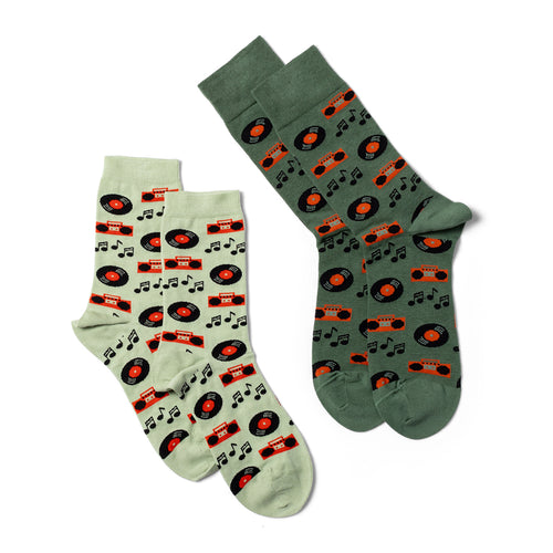 Music crew socks small and large sizes laid out side by side by Yellow Owl Workshop