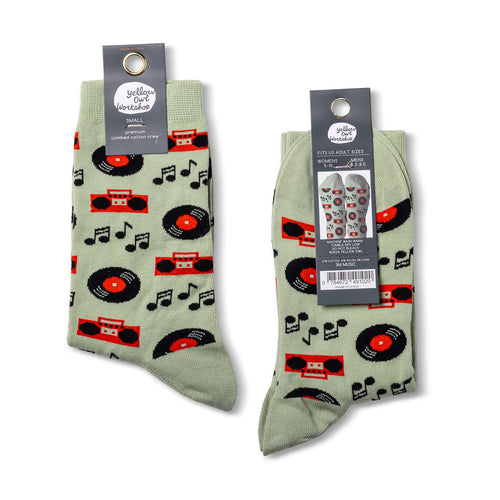 Music crew socks small size packaging front and back by Yellow Owl Workshop