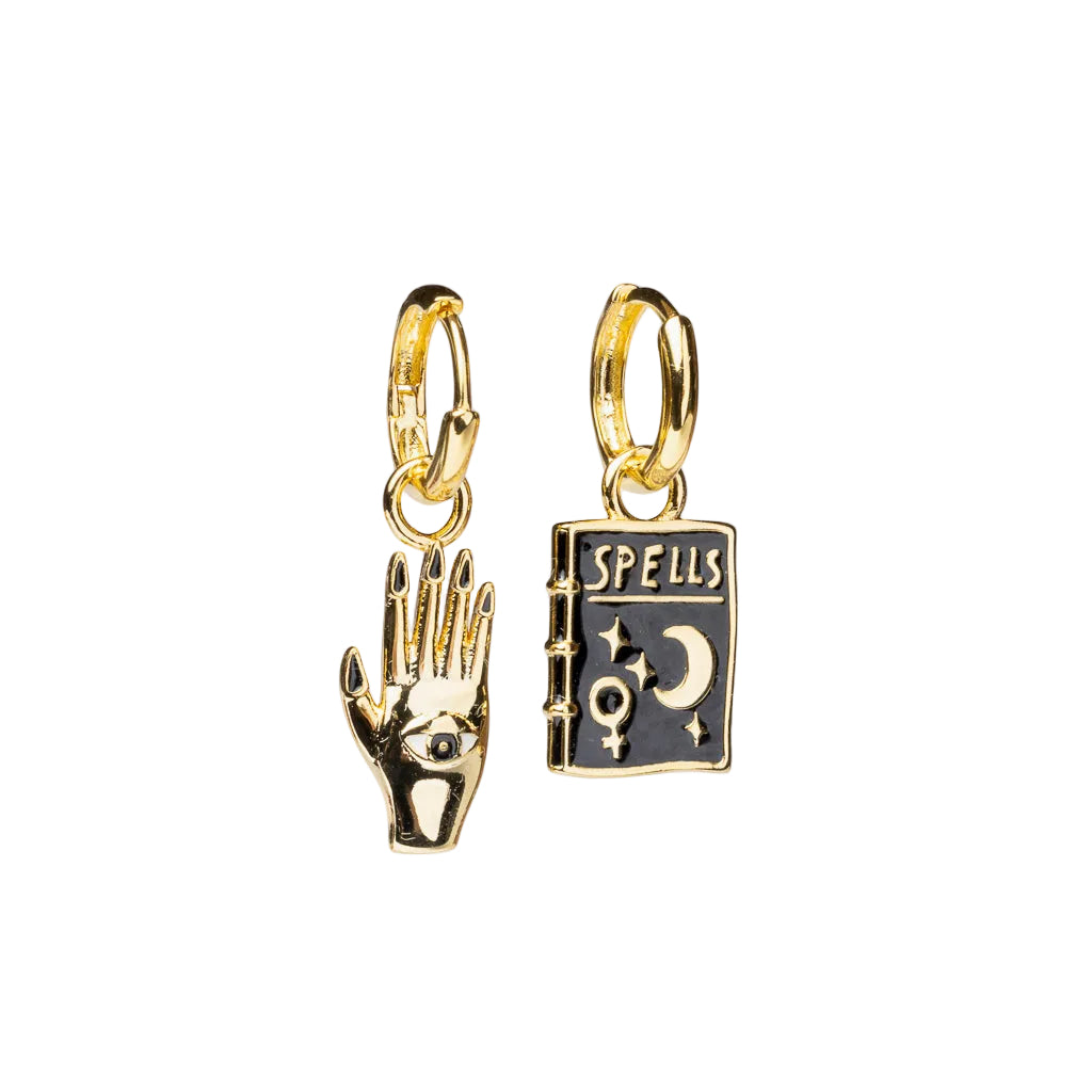 Gold hoop earrings featuring cloisonné all-seeing hand with eye and Spells book with moon and stars by Yellow Owl Workshop
