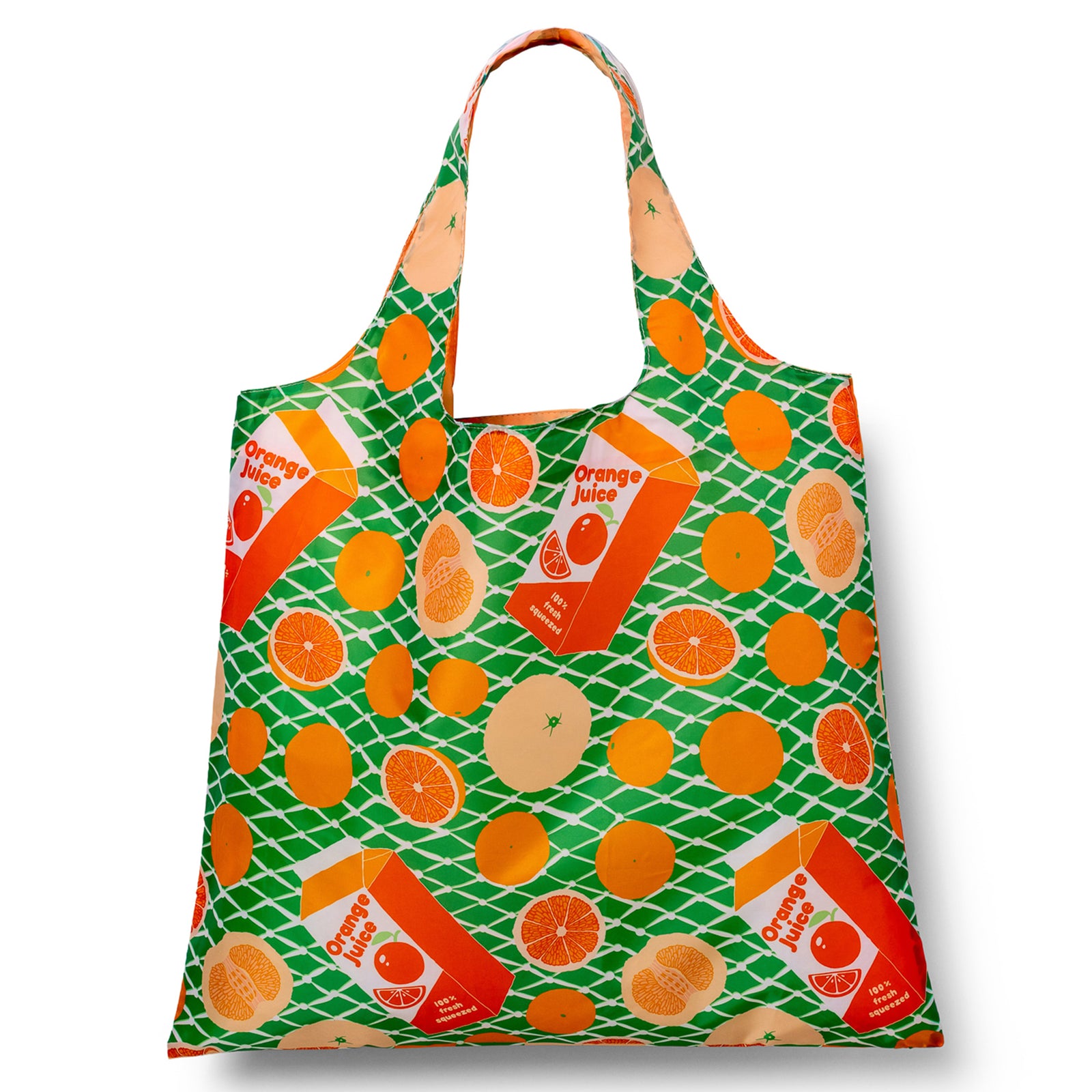 Green illustrated reusable tote bag with orange citrus fruit print by Yellow Owl Workshop