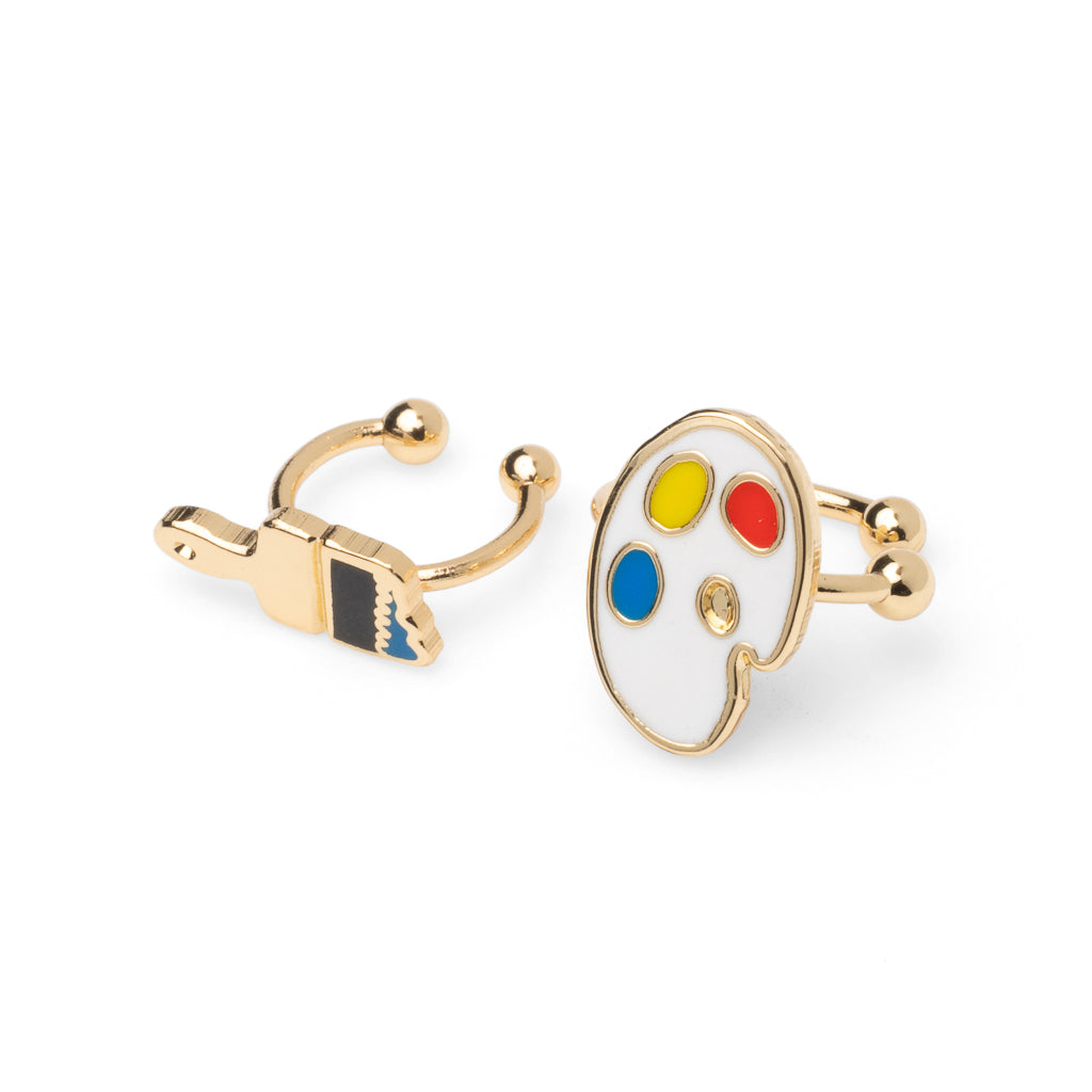 Mismatched gold paintbrush with blue paint and white paint palette with yellow red and blue wells no-piercing ear cuffs by Yellow Owl Workshop