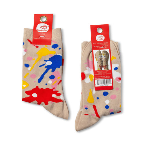 Paint Splatter crew socks small size packaging front and back by Yellow Owl Workshop