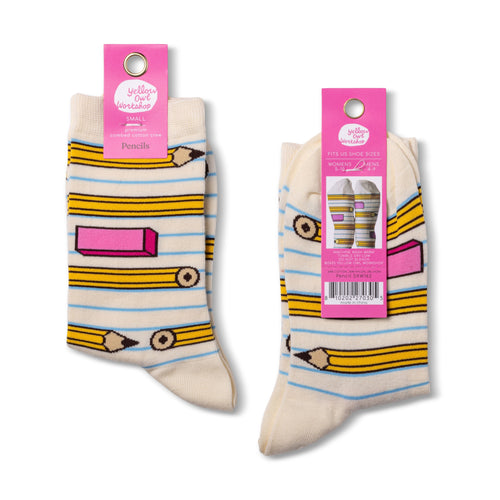 Pencil crew socks small size packaging front and back by Yellow Owl Workshop
