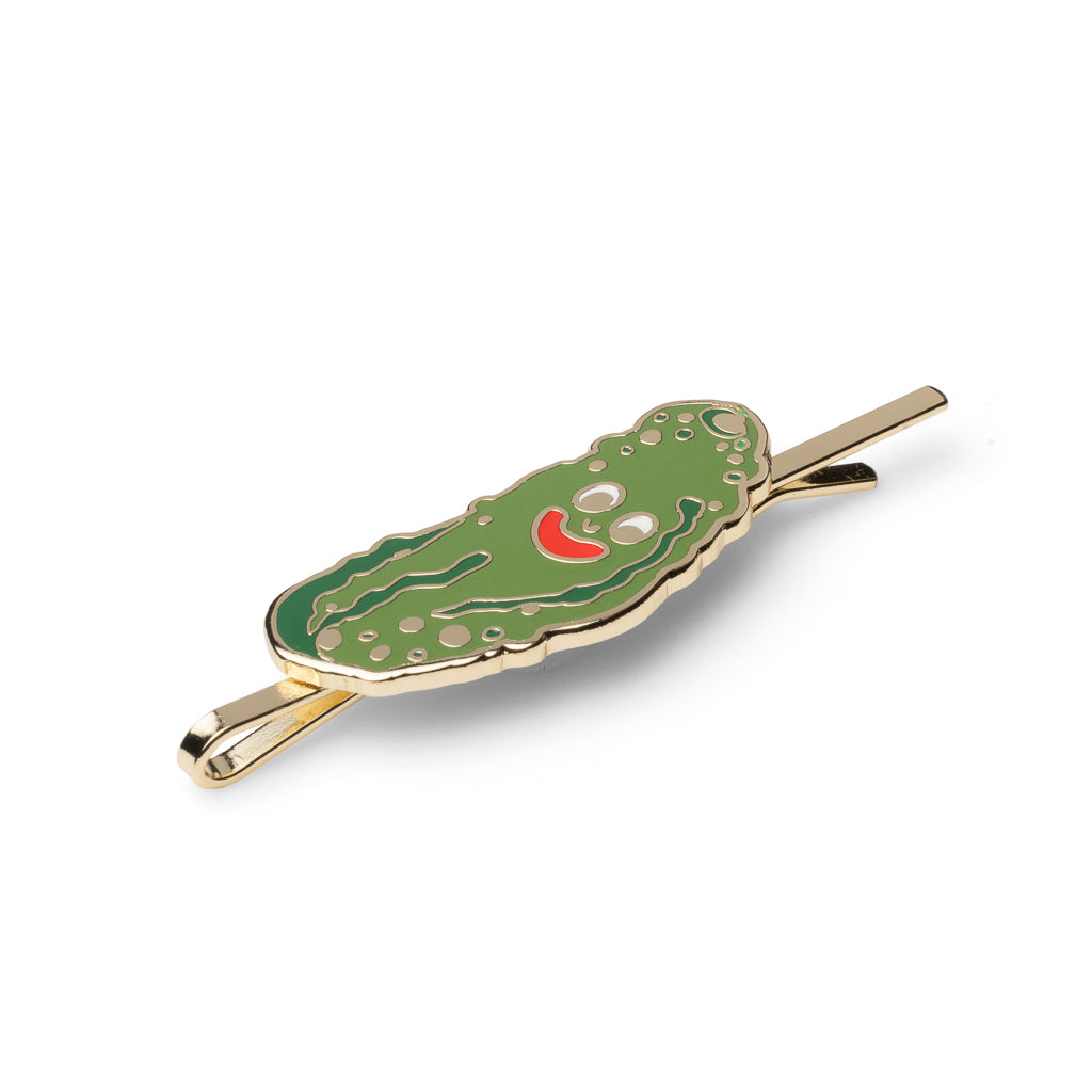 Gold cloisonné enamel pickle hair pin with smiley face charm by Yellow Owl Workshop