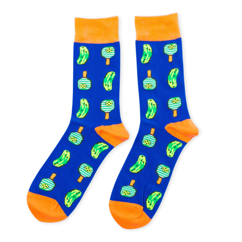 Blue and orange crew socks featuring illustrated pickles and pickleball paddles by Yellow Owl Workshop