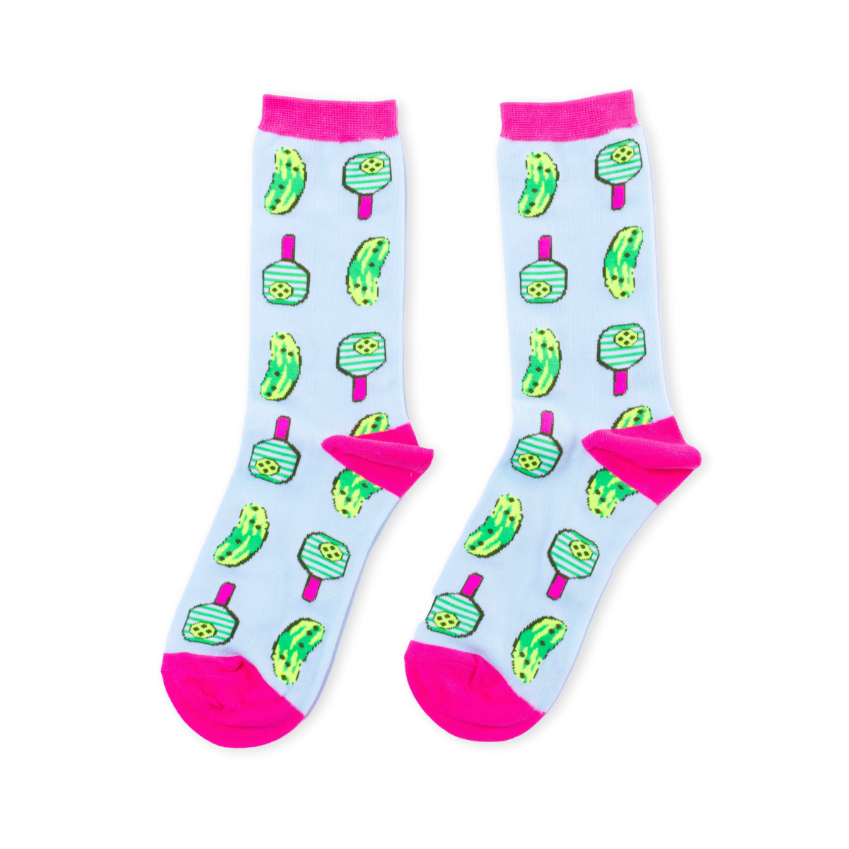 Light blue and pink crew socks featuring illustrated pickles and pickleball paddles by Yellow Owl Workshop