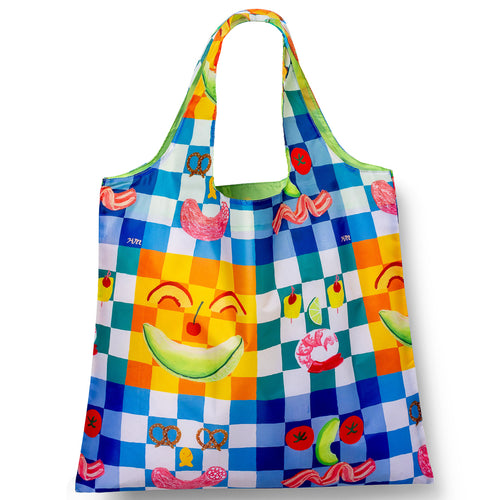 Illustrated reusable tote bag featuring playful colorful picnic food illustrations by Kristina Micotti for Yellow Owl Workshop