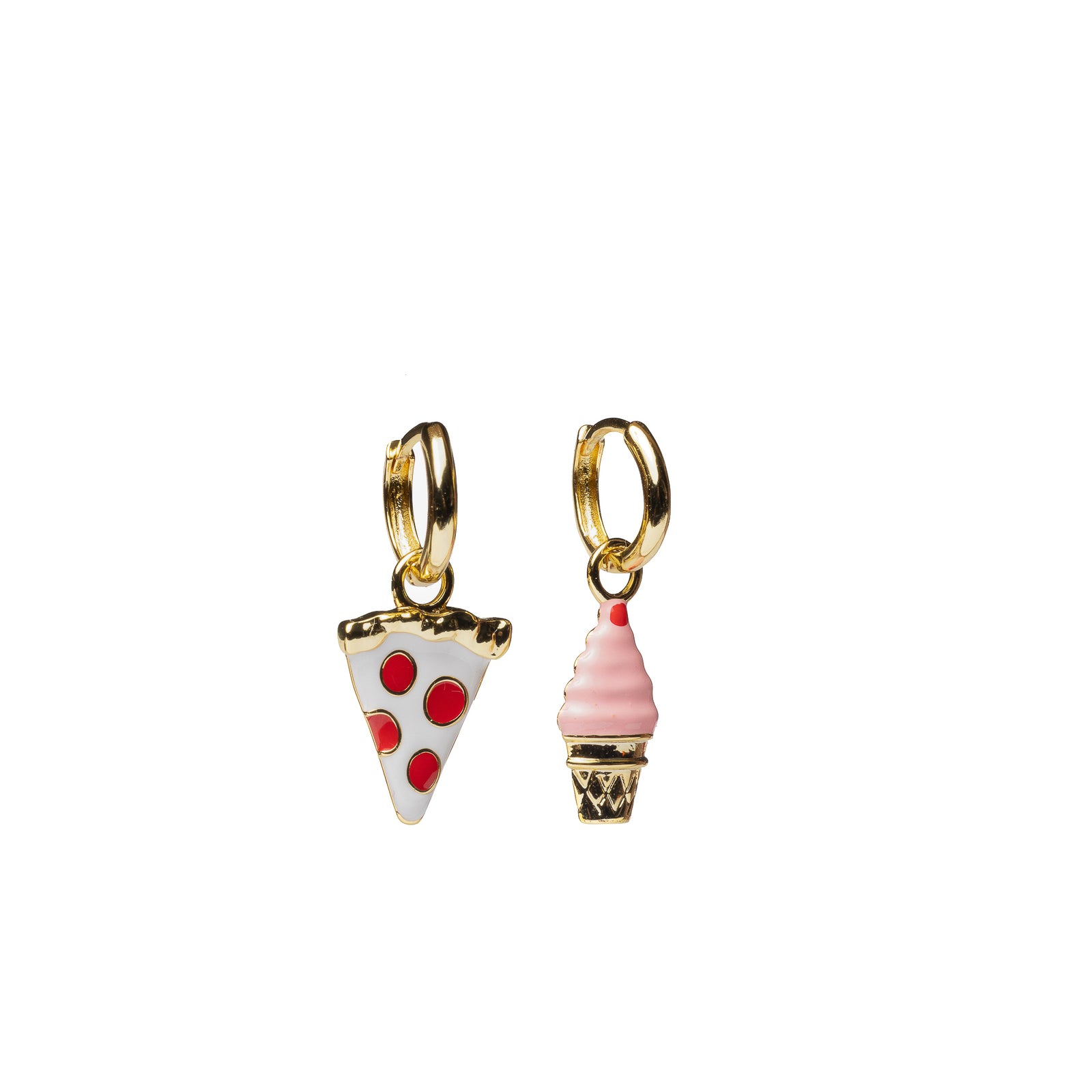 Gold hoop earrings featuring cloisonné pepperoni pizza slice and pink soft serve ice cream cone by Yellow Owl Workshop