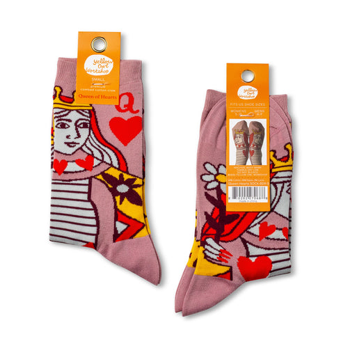 Queen of Hearts crew socks packaging front and back by Yellow Owl Workshop