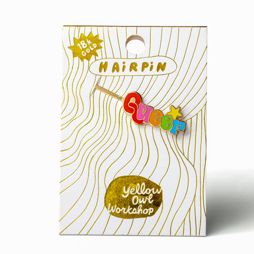 Queer gold cloisonné enamel hair pin in packaging by Yellow Owl Workshop