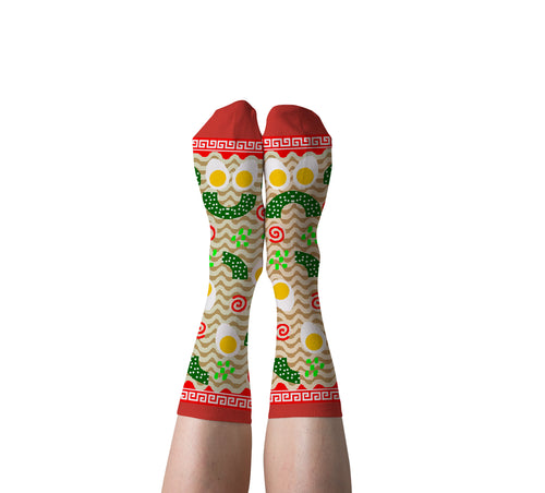 Tan and red Ramen crew socks with illustrated noodle bowl print worn on feet by Yellow Owl Workshop
