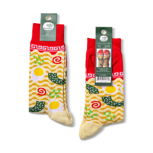 Ramen crew socks packaging front and back by Yellow Owl Workshop