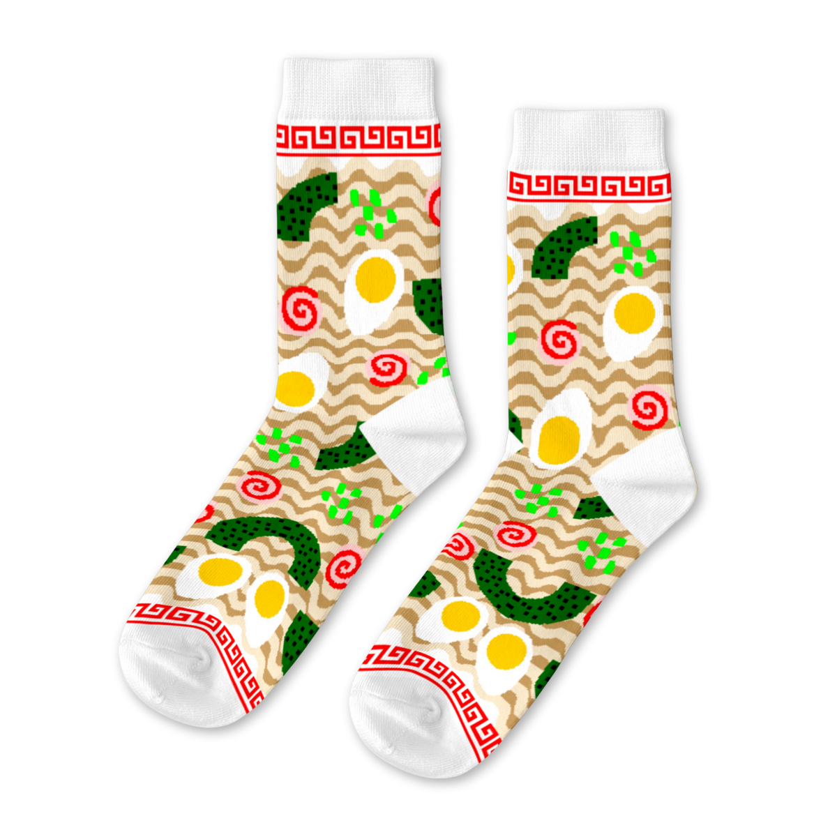 White crew socks featuring illustrated ramen bowl with wavy noodles soft-boiled eggs narutomaki and scallions by Yellow Owl Workshop