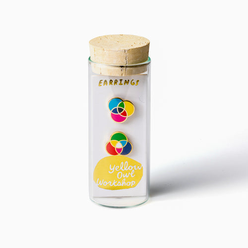 RGB and CMYK mismatched gold stud earrings in gift-ready glass vial by Yellow Owl Workshop