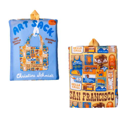 San Francisco Art Sack® folded front and back showing colorful SF illustration and red Art Sack® packaging by Yellow Owl Workshop
