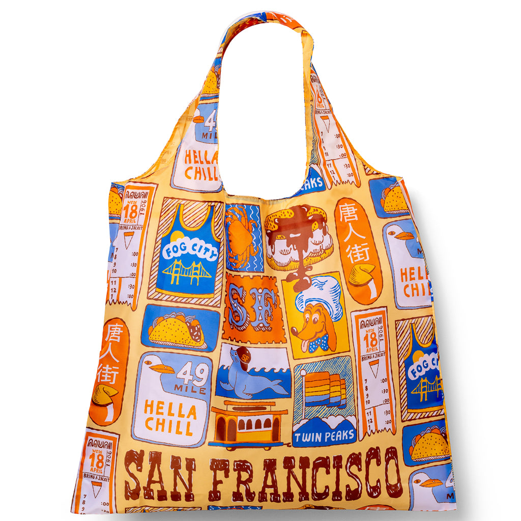 Illustrated reusable tote bag featuring colorful San Francisco icons including Golden Gate Bridge cable cars Muni and Twin Peaks by Yellow Owl Workshop