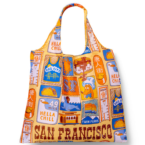 Illustrated reusable tote bag featuring colorful San Francisco icons including Golden Gate Bridge cable cars Muni and Twin Peaks by Yellow Owl Workshop