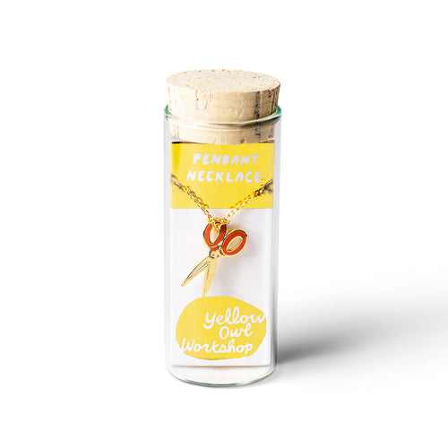 Scissors cloisonné enamel pendant necklace in glass vial packaging by Yellow Owl Workshop