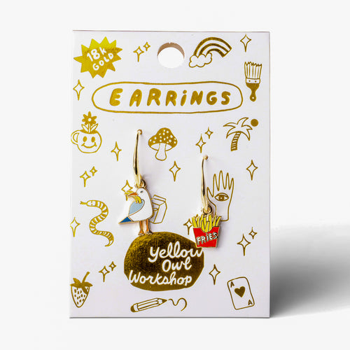 Seagull and Fries mismatched enamel drop earrings on gold foil matchbook card by Yellow Owl Workshop