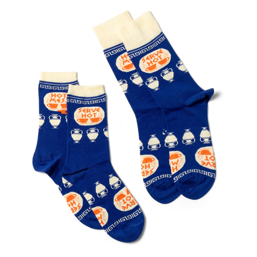 Serve Hot Hot Mess crew socks small and large sizes laid out side by side by Yellow Owl Workshop