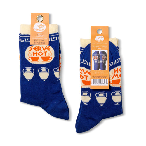Serve Hot Hot Mess crew socks small size packaging front and back by Yellow Owl Workshop