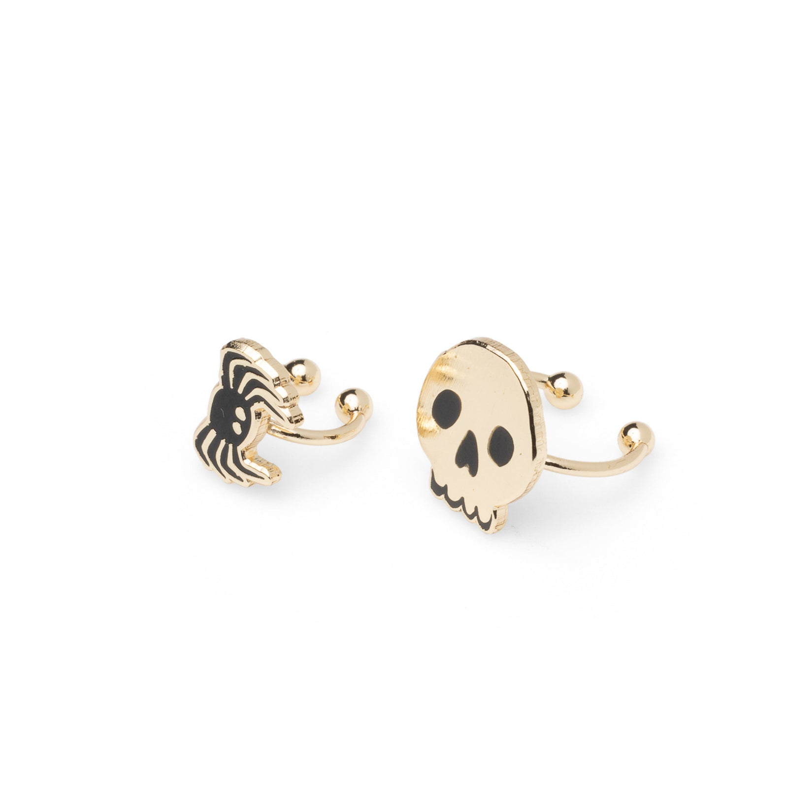 Mismatched gold skull and spider no-piercing ear cuffs by Yellow Owl Workshop