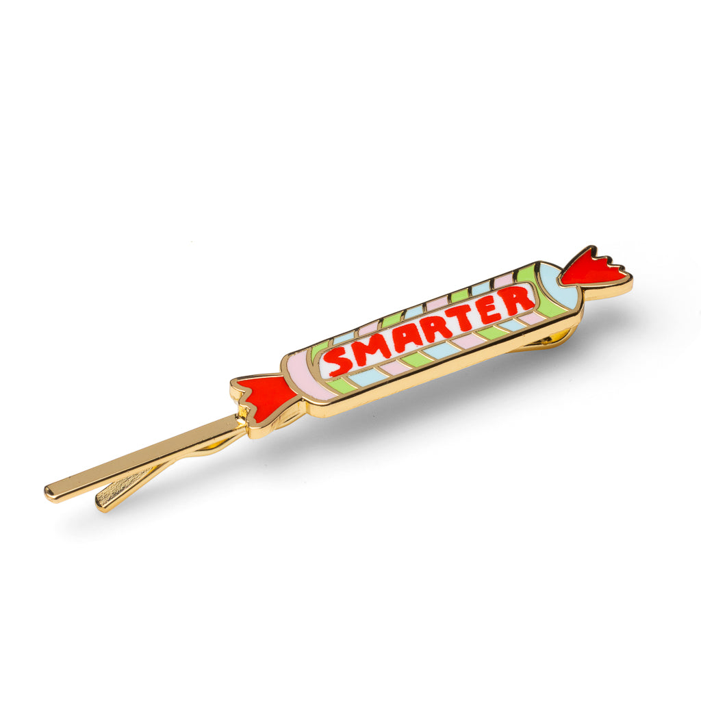 Gold cloisonné enamel candy wrapper hair pin with Smarter lettering in red green and pink by Yellow Owl Workshop