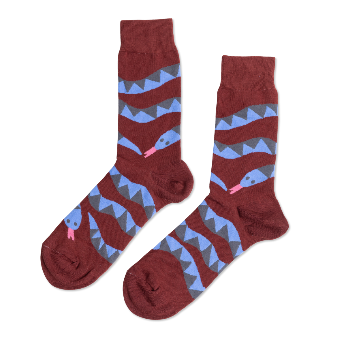 Burgundy crew socks featuring blue illustrated snake winding through bold grey zigzag stripe pattern by Yellow Owl Workshop