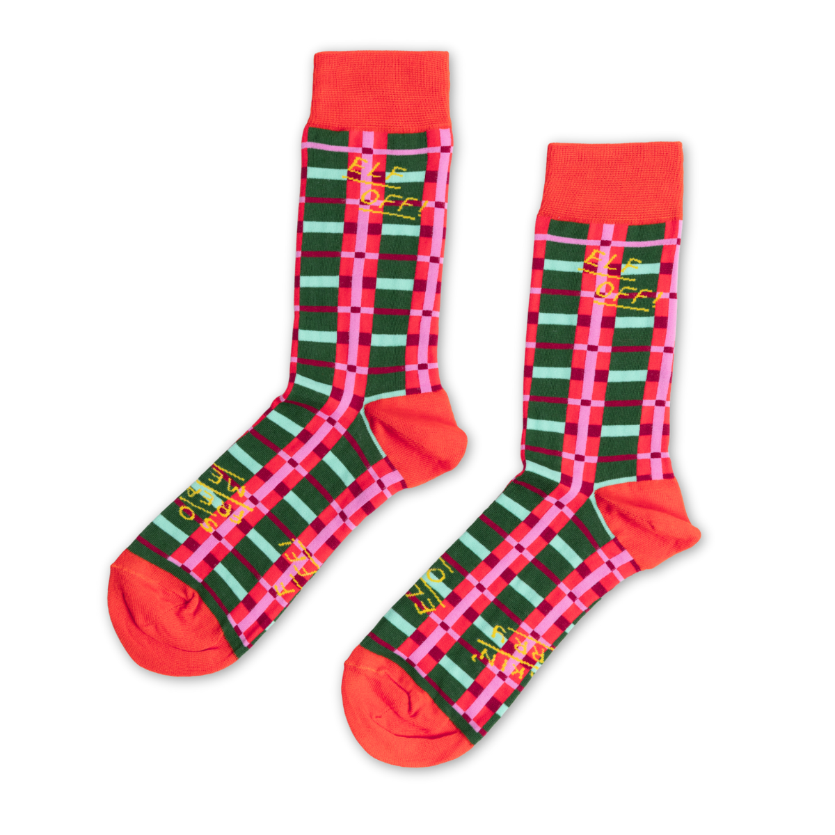 Red and green plaid holiday crew socks with Elf Off text in festive colors by Yellow Owl Workshop