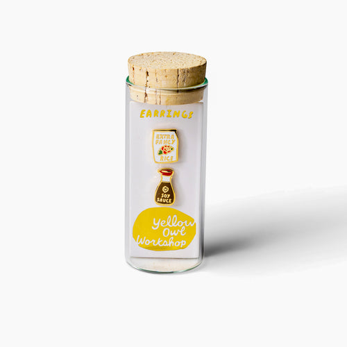 Soy sauce and rice mismatched cloisonné stud earrings in glass vial packaging by Yellow Owl Workshop