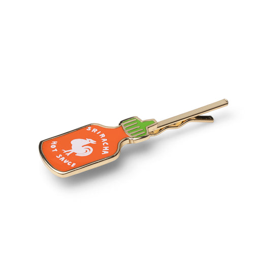 Gold cloisonné enamel Sriracha hot sauce bottle hair pin in orange and green by Yellow Owl Workshop