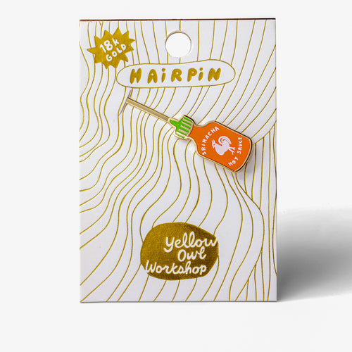 Sriracha gold cloisonné enamel hair pin in packaging by Yellow Owl Workshop