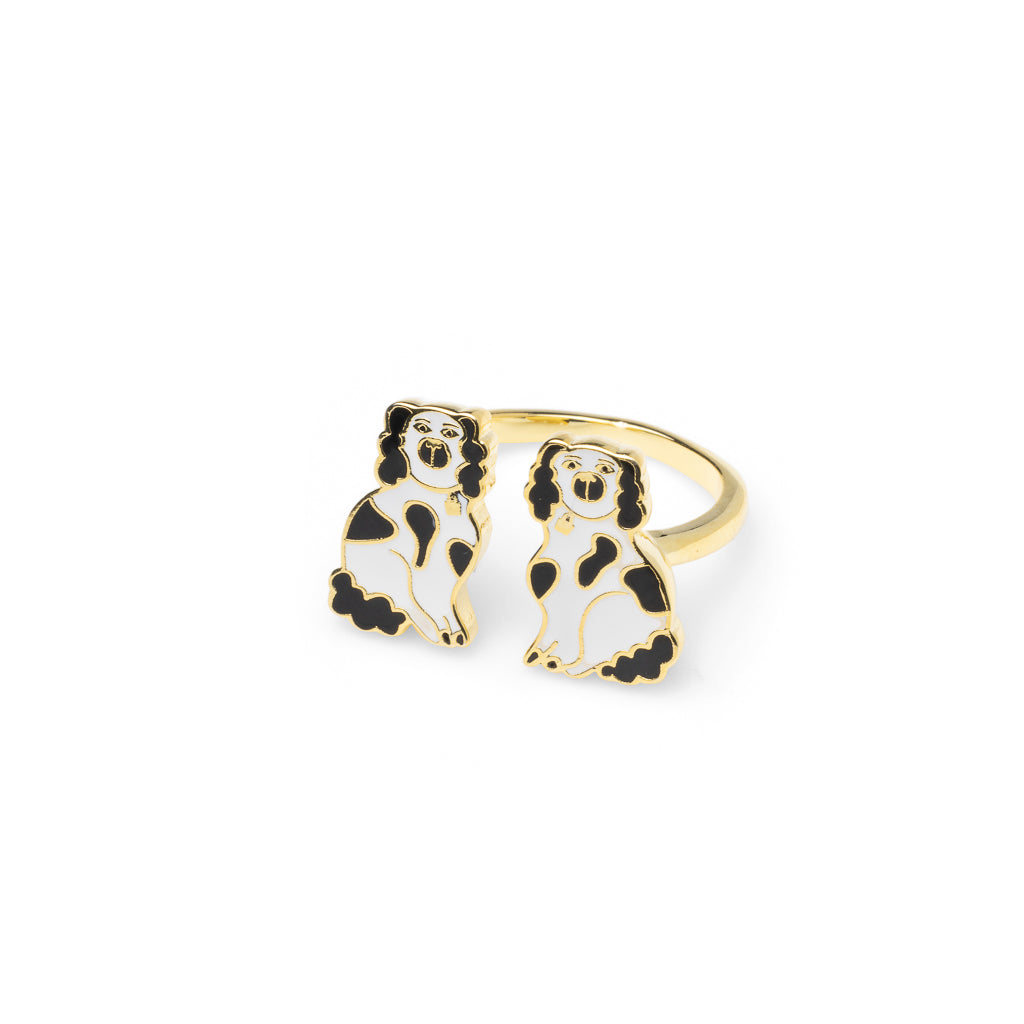 Gold adjustable Staffordshire spaniel dog ring with two matching pottery dogs in black and white enamel by Yellow Owl Workshop