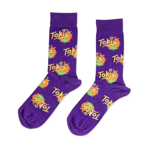  Purple crew socks featuring Tokies cannabis chip bag logo in orange green and yellow by Yellow Owl Workshop