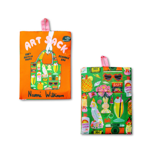 Tropical Vacation Art Sack® folded front and back showing colorful retro tropical illustration and Art Sack® packaging by Naomi Wilkinson for Yellow Owl Workshop