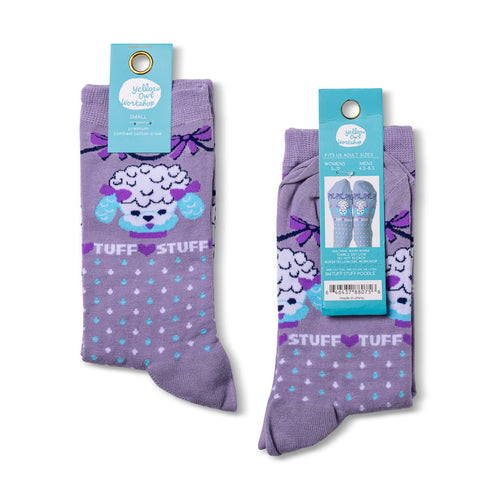 Tuff Stuff Poodle crew socks packaging front and back by Yellow Owl Workshop