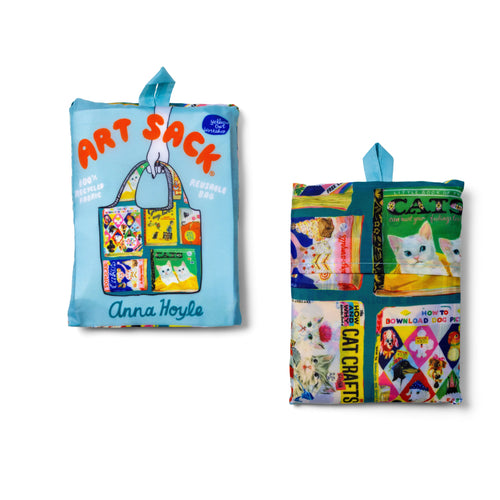 Useless Books Art Sack® folded front and back showing colorful vintage book cover illustration and red Art Sack® packaging by Anna Hoyle for Yellow Owl Workshop
