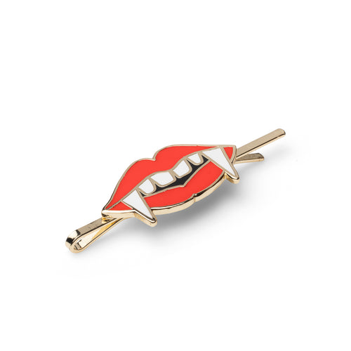 Gold cloisonné enamel vampire lips hair pin with blood-red lips and gold fangs by Yellow Owl Workshop