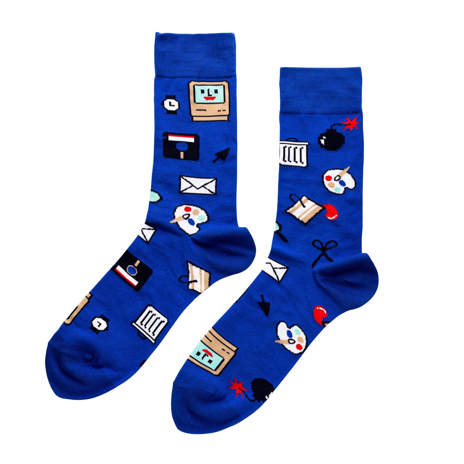 Royal blue crew socks featuring vintage Mac computer floppy disk cursor and retro tech icons by Yellow Owl Workshop