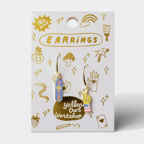 Vote mismatched enamel drop earrings on gold foil matchbook card by Yellow Owl Workshop