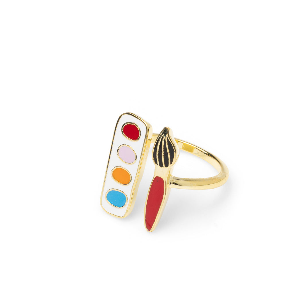 Gold adjustable watercolor palette and paintbrush ring in red pink orange and blue enamel by Yellow Owl Workshop