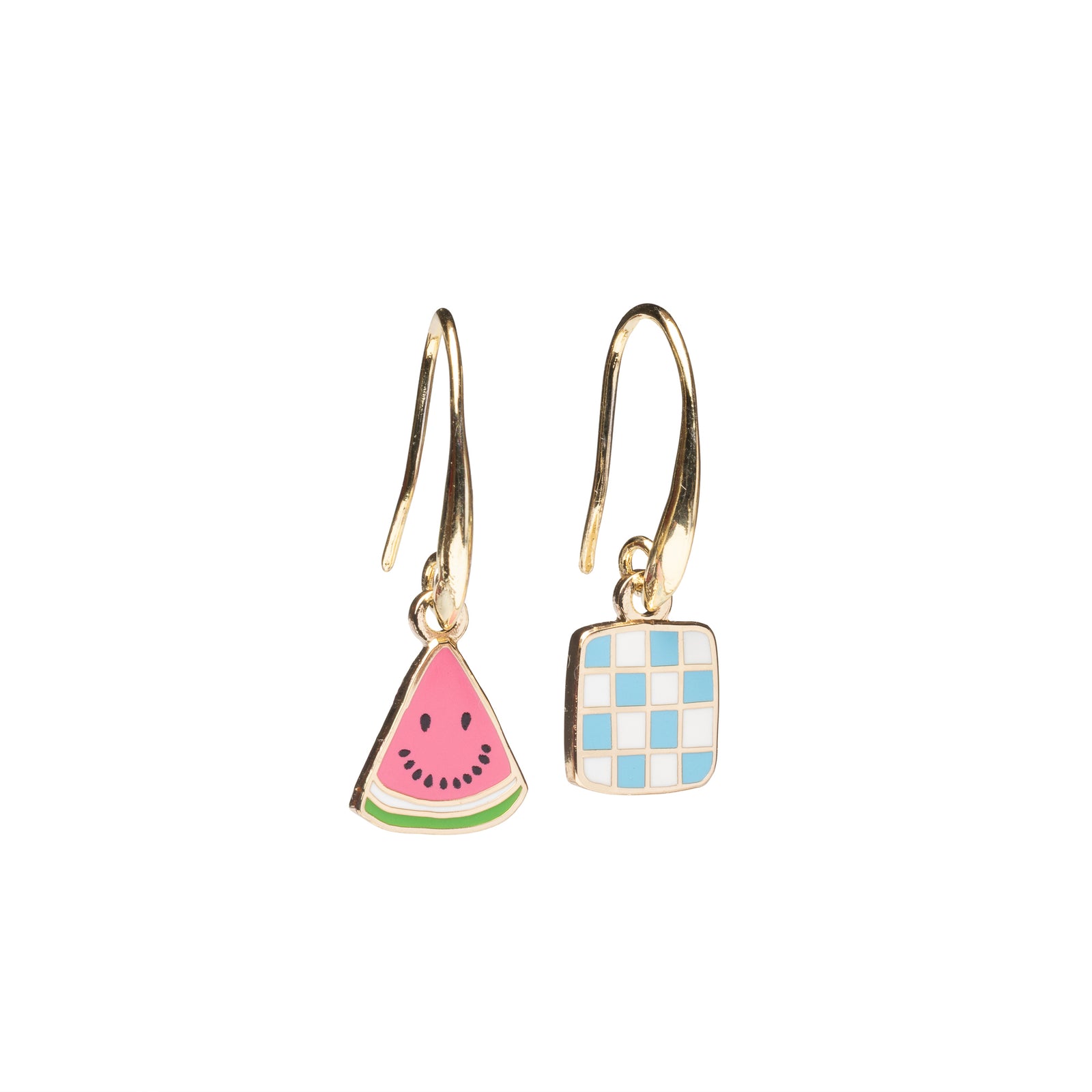 Mismatched enamel drop earrings featuring smiling watermelon slice and blue and white checkerboard picnic blanket by Yellow Owl Workshop