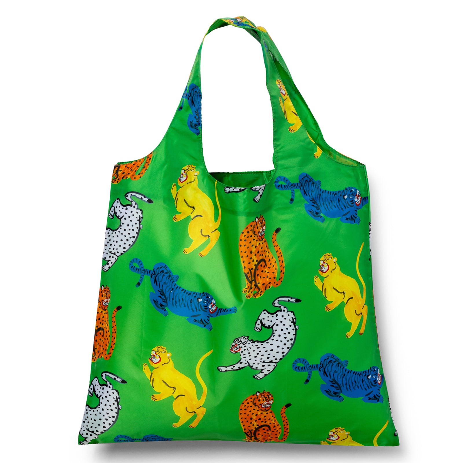 Green illustrated reusable tote bag with colorful wildcat print including tigers and leopards by Kristina Micotti for Yellow Owl Workshop