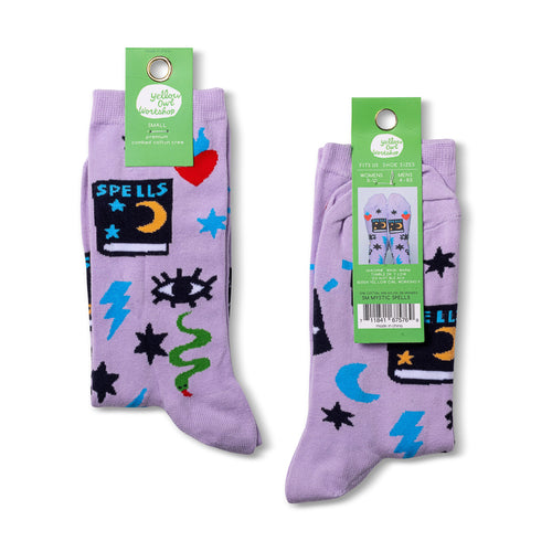 Witchy Mystic Spells crew socks packaging front and back by Yellow Owl Workshop