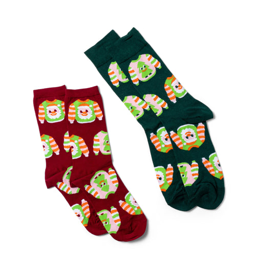 Xmas Sweater crew socks small and large sizes laid out side by side by Yellow Owl Workshop