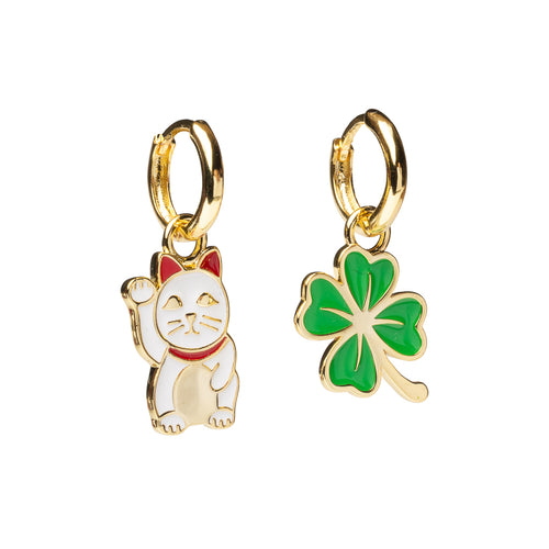 Lucky Cat & Clover Hoop Earrings