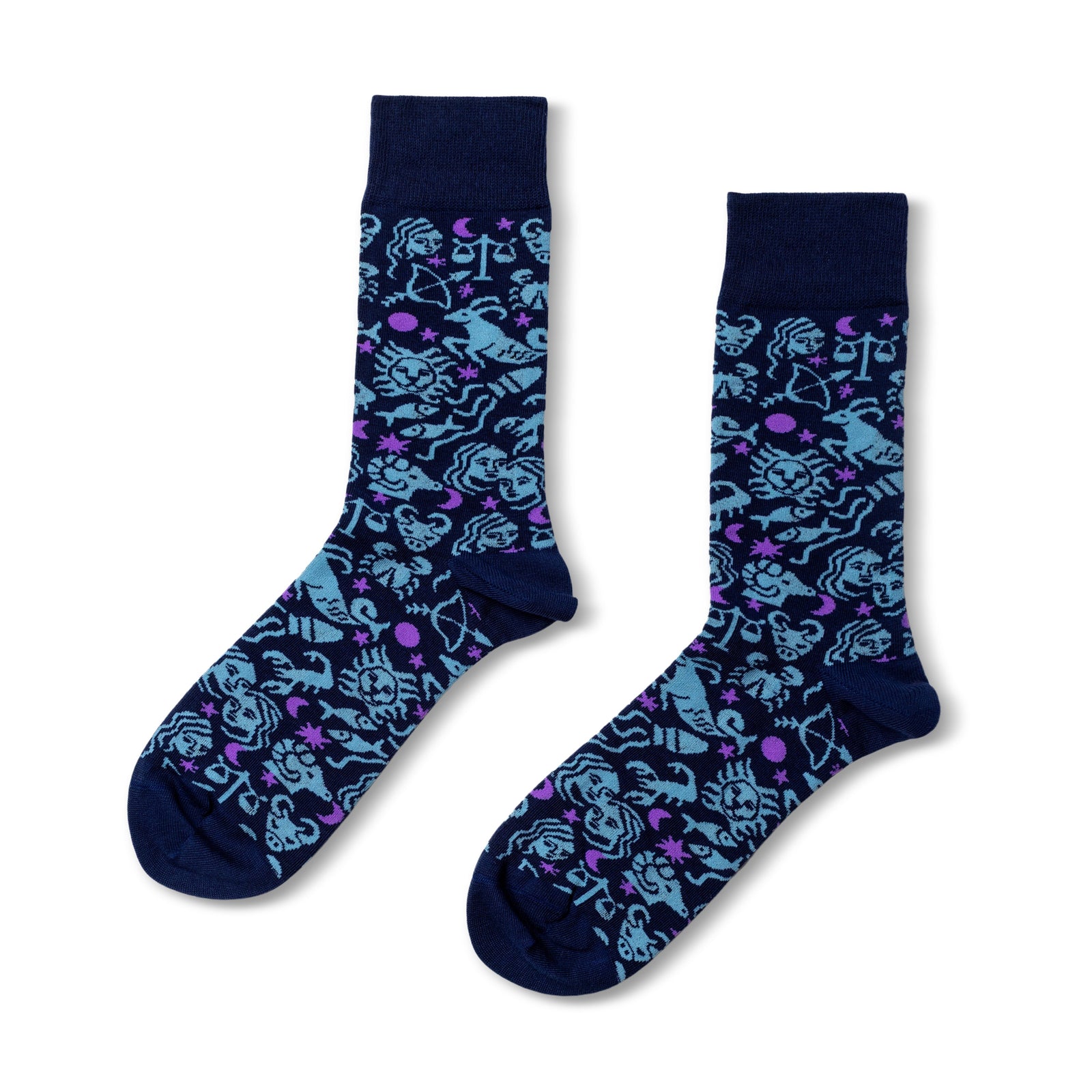 Navy crew socks featuring all twelve illustrated zodiac signs in blue and purple by Yellow Owl Workshop